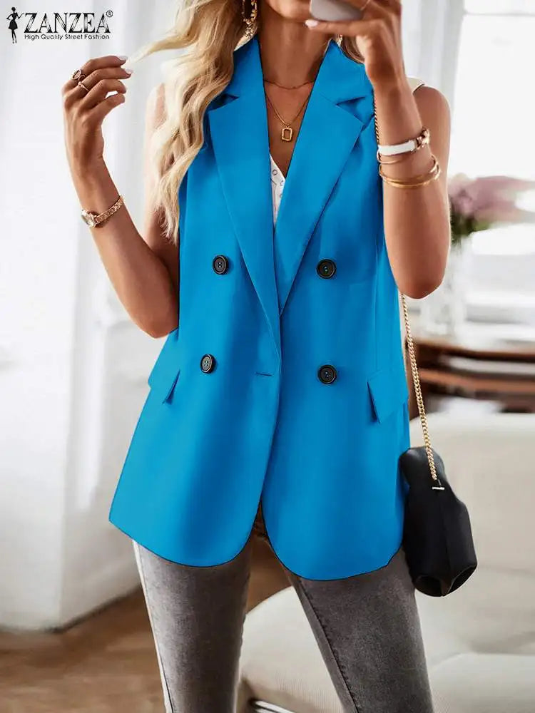 ZANZEA Women Suit Coats Fashion Sleeveless Double Breasted Office Vest 2023 Autumn Vintage OL Jacket Casual Lapel Blazer Femme