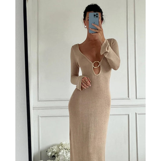 Elegant Sexy Backless Flared Sleeves Maxi Dress Women's Fashion O-neck Knitted Cover Up Beachwear 2024 Vacation Evening Robes