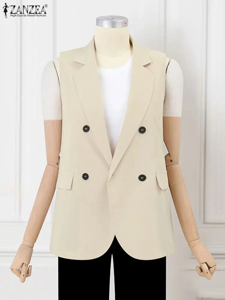 ZANZEA Women Suit Coats Fashion Sleeveless Double Breasted Office Vest 2023 Autumn Vintage OL Jacket Casual Lapel Blazer Femme